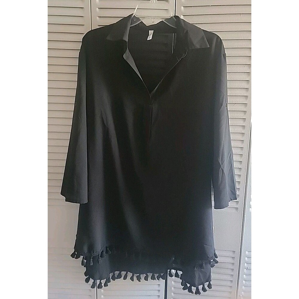 Yincra W Sheer Swimsuit  Coverup Dress Sz M Black w/black Embroider Pom Pom Trim